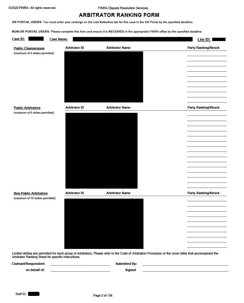 Page 2 of an example Arbitrator Ranking Form and Disclosure Report