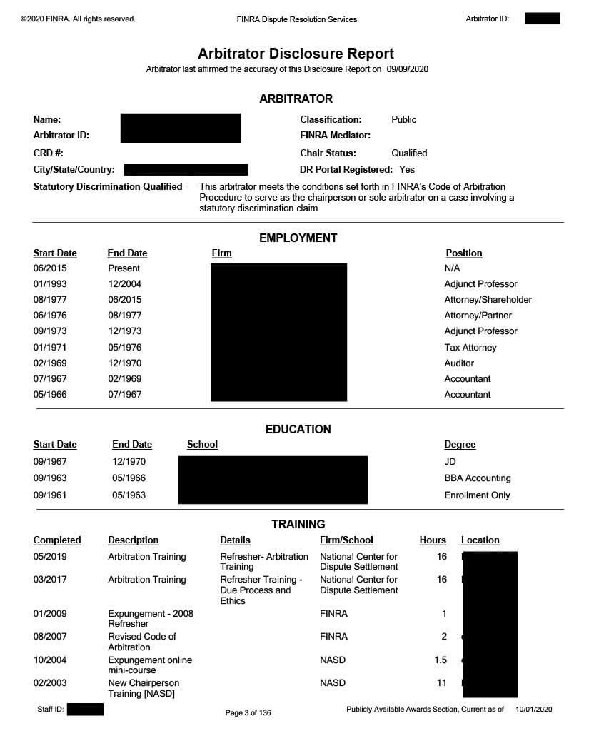 Page 3 of an example Arbitrator Ranking Form and Disclosure Report