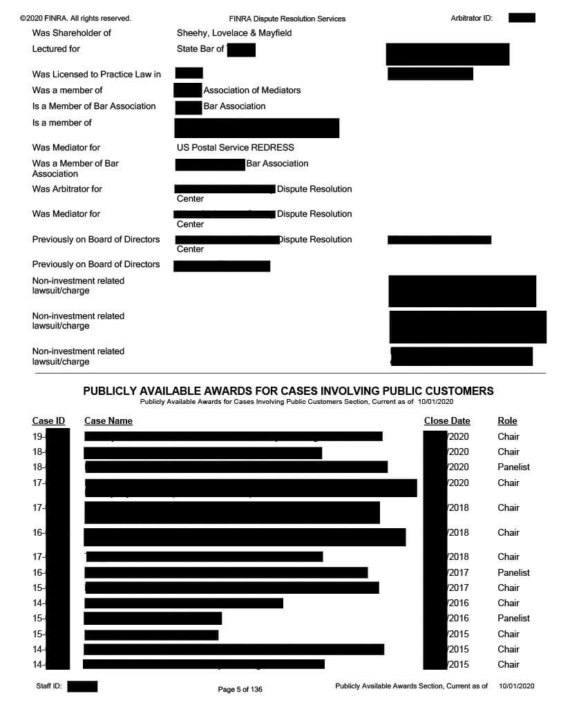 Page 5 of an example Arbitrator Ranking Form and Disclosure Report