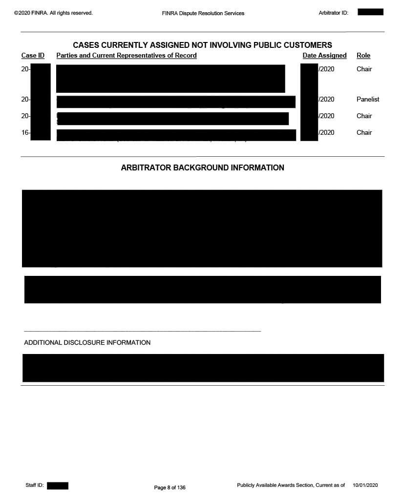 Page 8 of an example Arbitrator Ranking Form and Disclosure Report